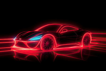 Red Sports Car On Neon Highway. Powerful acceleration of a supercar on a night track with colorful lights and trailsの素材