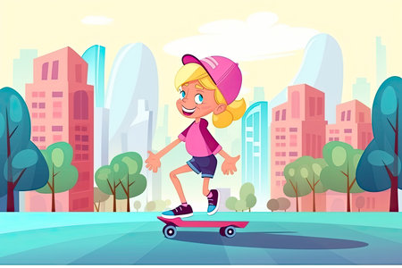 cartoon of little girl in safety helmets skating skateboard in the parkの素材