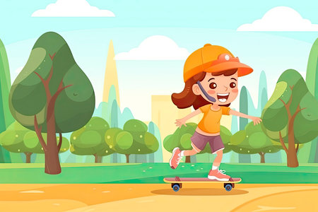 cartoon of little girl in safety helmets skating skateboard in the parkの素材