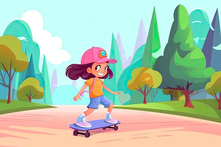 cartoon of little girl in safety helmets skating skateboard in the parkの素材
