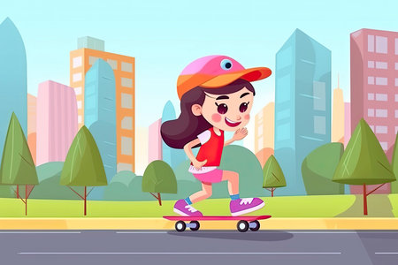 cartoon of little girl in safety helmets skating skateboard in the parkの素材