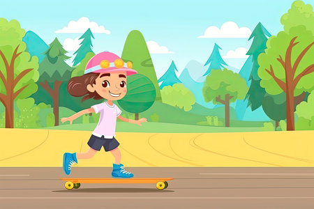 cartoon of little girl in safety helmets skating skateboard in the parkの素材