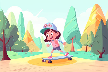 cartoon of little girl in safety helmets skating skateboard in the parkの素材