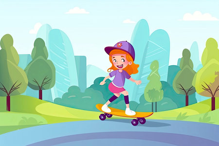 cartoon of little girl in safety helmets skating skateboard in the parkの素材