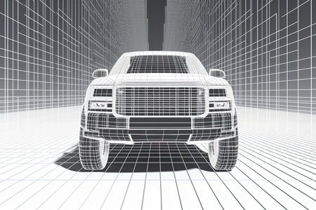 wireframe Modern Electric car rides through Blue tunnel 3d renderingの素材