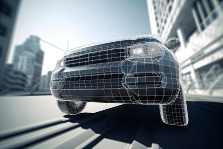 wireframe Modern Electric car rides through Blue tunnel 3d renderingの素材