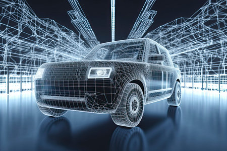wireframe Modern Electric car rides through Blue tunnel 3d renderingの素材