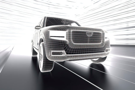 wireframe Modern Electric car rides through Blue tunnel 3d renderingの素材