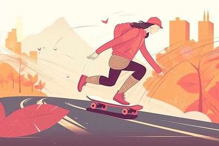 Woman riding skate falling outside. Girl have fun starting on street falling from sport equipmentの素材