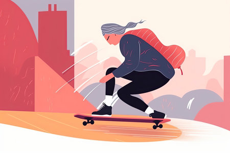 Woman riding skate falling outside. Girl have fun starting on street falling from sport equipmentの素材