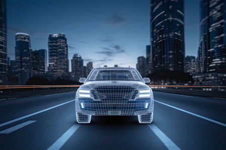 wireframe Modern Electric car rides through Blue tunnel 3d renderingの素材