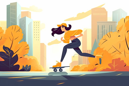 Woman riding skate falling outside. Girl have fun starting on street falling from sport equipmentの素材