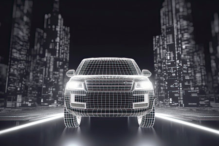 wireframe Modern Electric car rides through Blue tunnel 3d renderingの素材