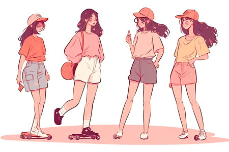 Women walking skateboarding in the summer. Teen skateboarders are posing and standing. Doodle art conceptの素材