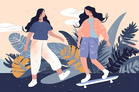 Women walking skateboarding in the summer. Teen skateboarders are posing and standing. Doodle art conceptの素材