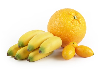 Group of fruits, orange mini banana and kumquatsの写真素材