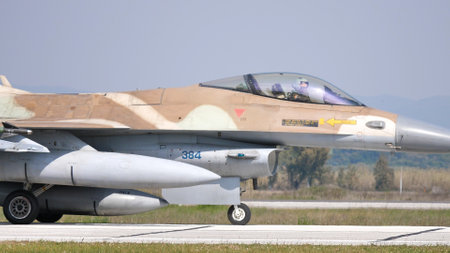 Andravida Greece APRIL, 03, 2019 Close view of an Israel fighter jet armed ready to take off....
