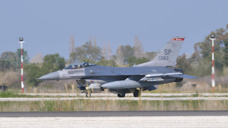 Andravida Greece APRIL, 03, 2019 Lockheed Martin F-16 C Fighting Falcon or Viper of United States...