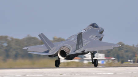 Andravida Greece APRIL, 03, 2019 Lockheed Martin F-35 A Lightning II stealth multirole combat aircraft of Italian Air Forceのeditorial素材