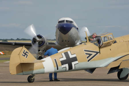 Duxford UK JULY, 7, 2015 Historic propellers passengers airplane of 1940s and World War 2. Douglas DC-3 closeup.のeditorial素材