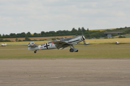Flying Legends Air Show Duxford UK JULY, 11, 2015 Messerschmitt Bf 109 German Air Force, Luftwaffe, nazists World War II fighter aircraft.のeditorial素材