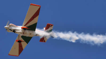 Ferrara Italy JUNE, 27, 2021 Close view of a small propeller plane in flight with the Italian flag painted on the wings. Corby CJ-1 Starlet single seat, amateur built airplane of the 1960sのeditorial素材
