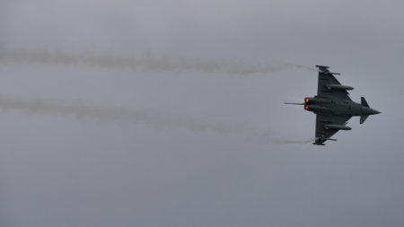 Zeltweg, Austria SEPTEMBER, 6, 2019 Delta wing modern supersonic aircraft in flight. Copy space. Eurofighter Typhoon EFA of Austrian Air Forceのeditorial素材