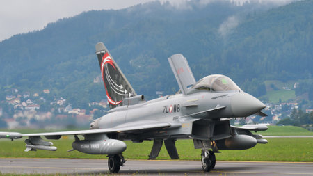 Zeltweg, Austria SEPTEMBER, 6, 2019 Front close up of a military aircraft with air brake open and colored tail. Eurofighter Typhoon EFA of Austrian Air Forceのeditorial素材