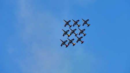 Rivolto del Friuli Udine Italy SEPTEMBER, 17, 2021 Narrow diamond formation of nine military jets in the blue sky. Aermacchi MB-339 A PAN of Frecce Tricoloriのeditorial素材