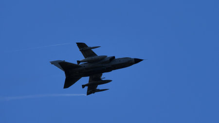 Rivolto , Italy SEPTEMBER, 17, 2021 Military combat aircraft in clear blue sky does combat maneuvers. Panavia PA200 Tornado IDS of Italian Air Forceのeditorial素材