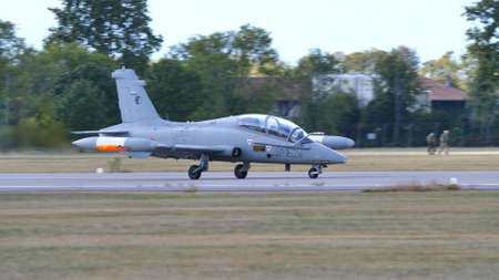 Rivolto del Friuli, Udine, Italy SEPTEMBER, 17, 2021 Military aircraft in the airport runway. Aermacchi MB-339 of Italian Air Forceのeditorial素材