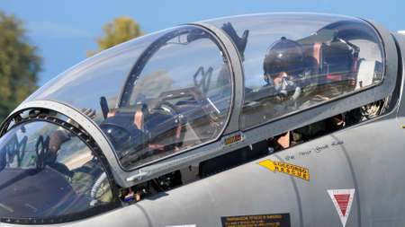 Rivolto del Friuli, Udine, Italy SEPTEMBER, 17, 2021 Close up view of military pilots in the cockpit of a modern jet training airplane. Aermacchi MB-339 of Italian Air Forceのeditorial素材
