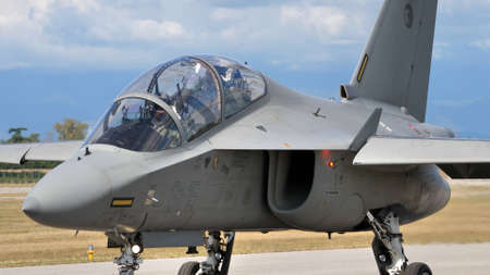 Rivolto Italy SEPTEMBER, 17, 2021 Alenia Aermacchi M-346 Master military twin engine transonic advanced jet trainers and light combat aircraft of Italian Air Force co-developed with Yakovlev Yak-130のeditorial素材