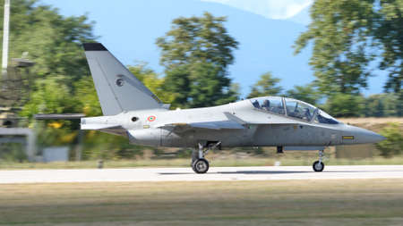 Rivolto Italy SEPTEMBER, 17, 2021 Alenia Aermacchi M-346 Master military twin engine transonic advanced jet trainers and light combat aircraft of Italian Air Force co-developed with Yakovlev Yak-130のeditorial素材