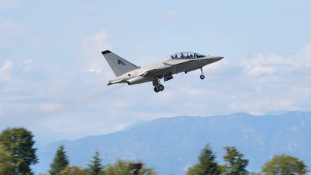 Rivolto Italy SEPTEMBER, 18, 2021 Alenia Aermacchi M-346 Master military twin engine transonic advanced jet trainers and light combat aircraft of Italian Air Force co-developed with Yakovlev Yak-130のeditorial素材