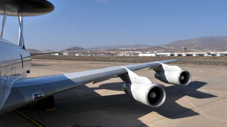Gran Canaria Airport Spain OCTOBER, 21, 2021 Engines and rotating radar dome of an airplane that...