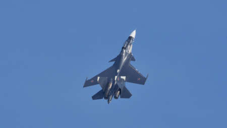 Moscow Russia AUGUST, 26, 2015 Super-maneuverable and supersonic Russian military jet fighter plane...