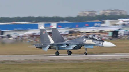 Moscow Russia AUGUST, 26, 2015 Modern supersonic Russian fighter jet airplane taking off. Close-up...
