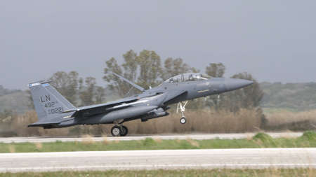 Andravida Greece APRIL, 1, 2022 McDonnell Douglas Boeing F-15E Strike Eagle American all-weather multirole strike fighter jet of United States Air Force in Europe USAFEのeditorial素材