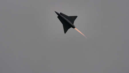 Zeltweg, Austria SEPTEMBER, 6, 2019 Vintage Cold War era fighter jet combat aircraft from the neutral Sweden. Saab J-35 Draken of Swedish Air Force. Copy Space for News Titleのeditorial素材