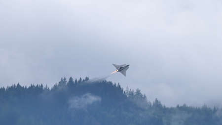 Zeltweg, Austria SEPTEMBER, 6, 2019 Vintage Cold War era fighter jet combat aircraft from the neutral Sweden. Saab J-35 Draken of Swedish Air Force. Copy Space for News Titleのeditorial素材