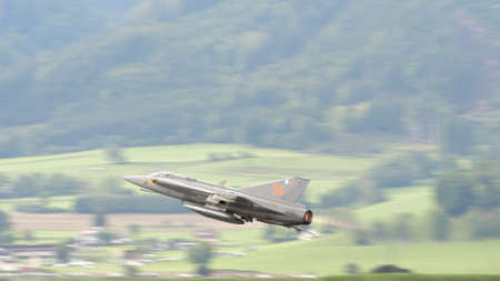 Zeltweg, Austria SEPTEMBER, 6, 2019 Historic military airplane which defended the skies of neutral Sweden from Soviet fighters during the Cold War. Saab J-35 Draken of Swedish Air Force. Copy Spaceのeditorial素材