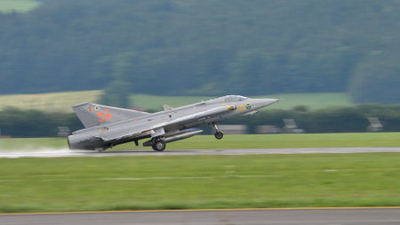 Zeltweg, Austria SEPTEMBER, 6, 2019 Historic military airplane which defended the skies of neutral Sweden from Soviet fighters during the Cold War. Saab J-35 Draken of Swedish Air Force. Copy Spaceのeditorial素材