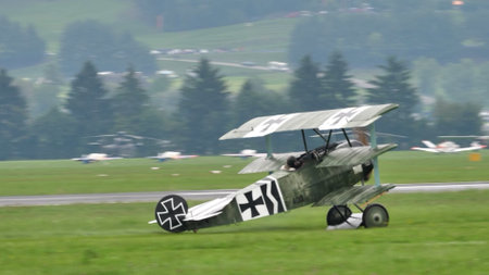 Zeltweg, Austria SEPTEMBER, 6, 2019 Fokker Dr.I Dreidecker Triplane World War 1 fighter aircraft of Manfred von Richthofen Red Baron. Copy space.のeditorial素材