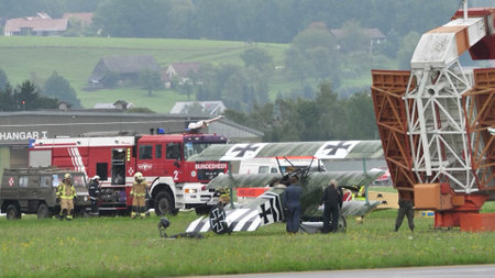 Zeltweg, Austria SEPTEMBER, 6, 2019 Historic First World War plane crashed after landing on bad weather conditions. FVM CVM O1 Tummelisa Swedish Air Force biplane aircraft. Copy space.のeditorial素材