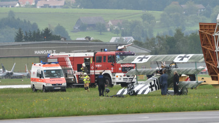 Zeltweg, Austria SEPTEMBER, 6, 2019 Historic First World War plane crashed after landing on bad weather conditions. FVM CVM O1 Tummelisa Swedish Air Force biplane aircraft. Copy space.のeditorial素材