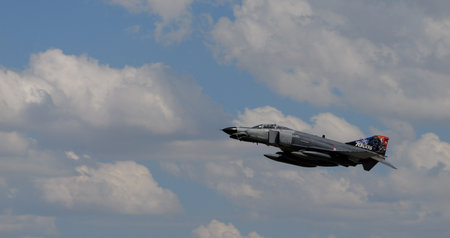 Konya Turkey JUNE, 30, 2022 NATO and Turkish flag on the tail of a fighter plane in flight. Copy space. McDonnell Douglas F-4 Phantom II F-4E Terminator 2020 of Turkish Air Forceのeditorial素材