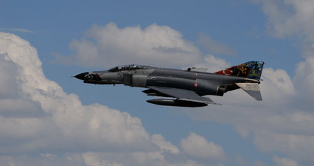 Konya Turkey JUNE, 30, 2022 Dark and light grey NATO military warplane in flight. Copy space. McDonnell Douglas F-4 Phantom II F-4E Terminator 2020 of Turkish Air Forceのeditorial素材