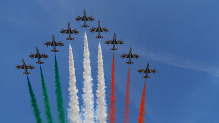 Ghedi Italy SEPTEMBER, 8, 2022 Italian flag drawn in the blue sky by the acrobatic team. Copy space....