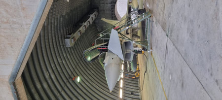 Istrana Italy December 13 2023: Vertical shot of a modern defense aircraft parked in an armored shelter, on alert for immediate takeoff. Perfect for editorial use with ample copy space.のeditorial素材
